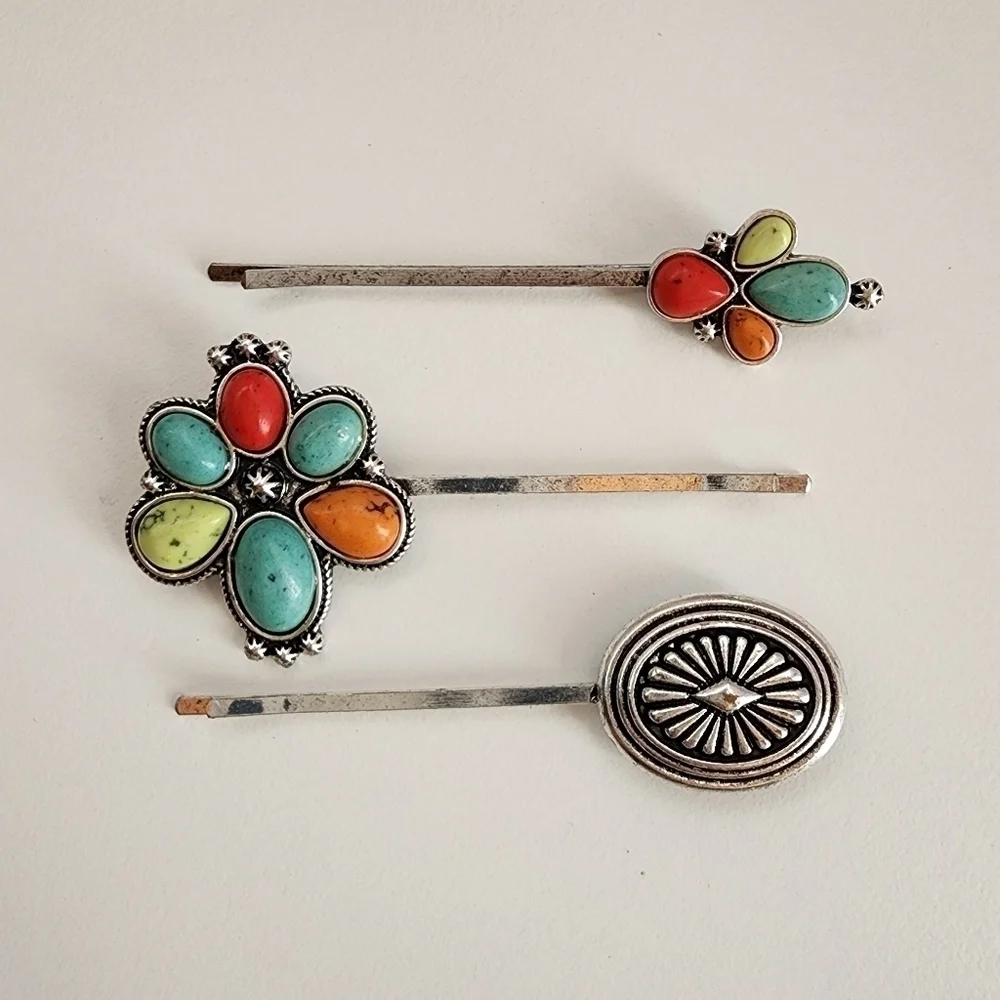 3PCS Boho Floral Mutli Stone Antique Metal Bobby Hair Pins